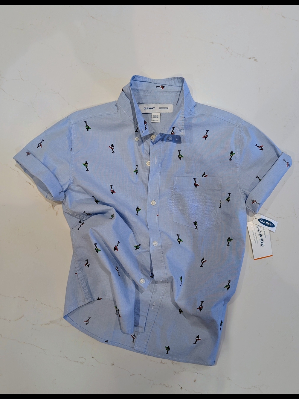 Old Navy Light Blue Short-Sleeve Button-Up Shirt with Embroidered Motifs
